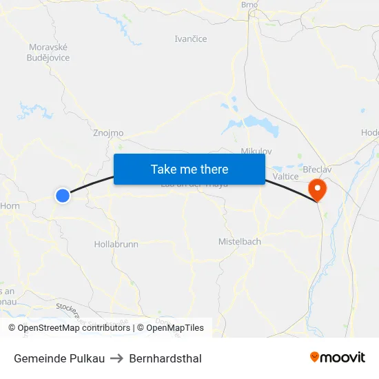 Gemeinde Pulkau to Bernhardsthal map