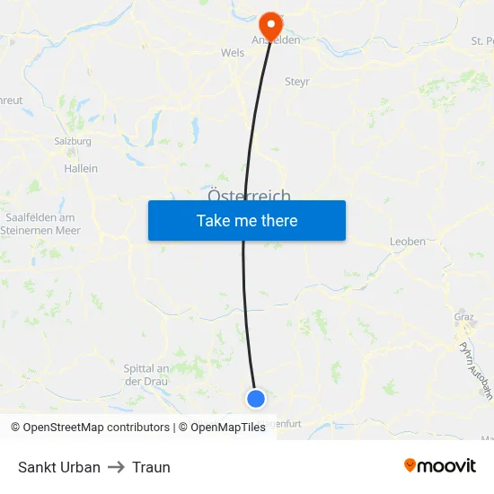 Sankt Urban to Traun map