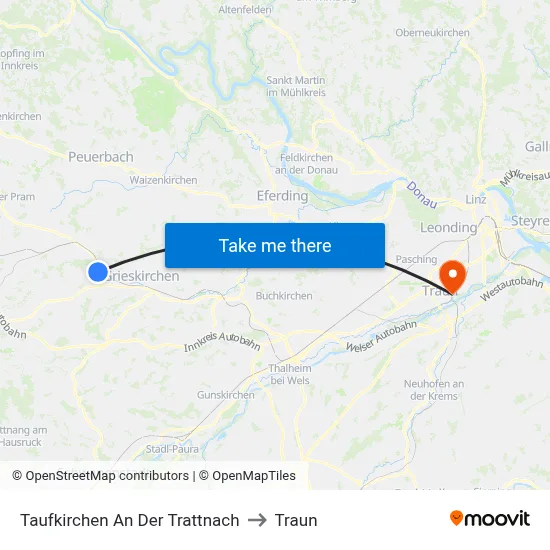 Taufkirchen An Der Trattnach to Traun map