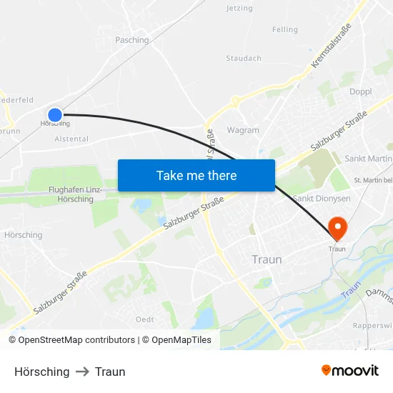Hörsching to Traun map
