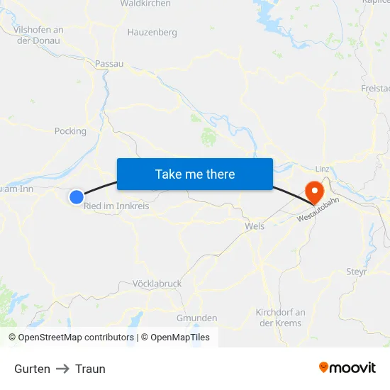 Gurten to Traun map
