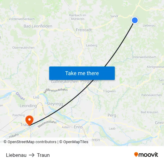 Liebenau to Traun map