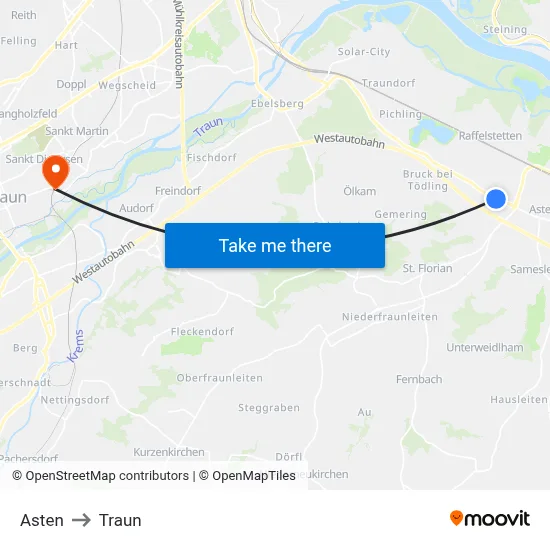 Asten to Traun map