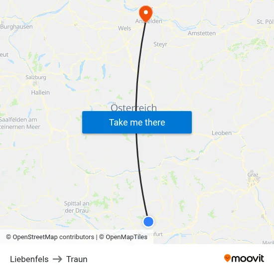 Liebenfels to Traun map
