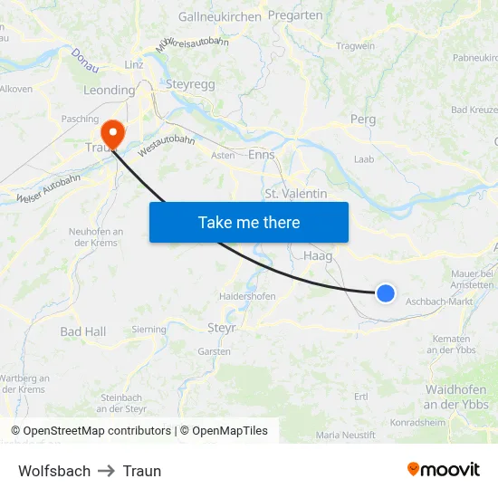 Wolfsbach to Traun map