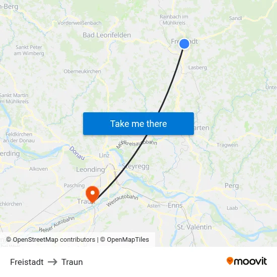 Freistadt to Traun map