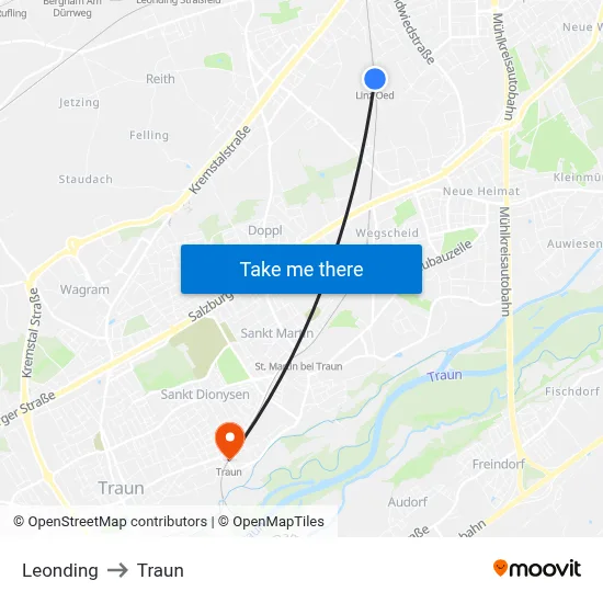 Leonding to Traun map