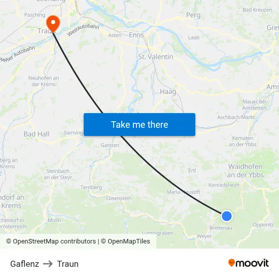 Gaflenz to Traun map