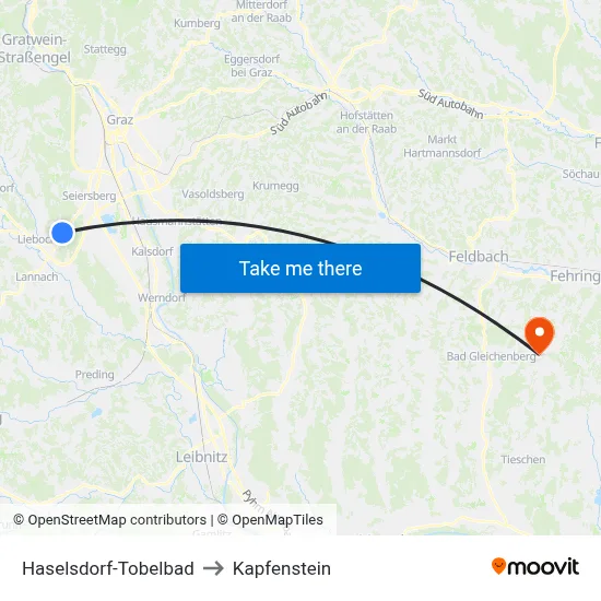 Haselsdorf-Tobelbad to Kapfenstein map