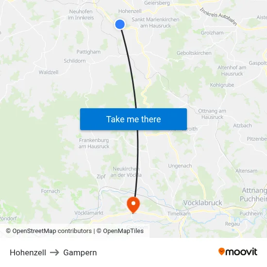 Hohenzell to Gampern map