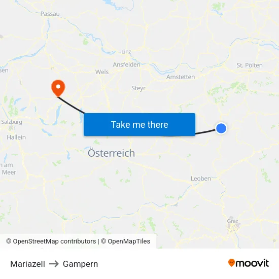 Mariazell to Gampern map