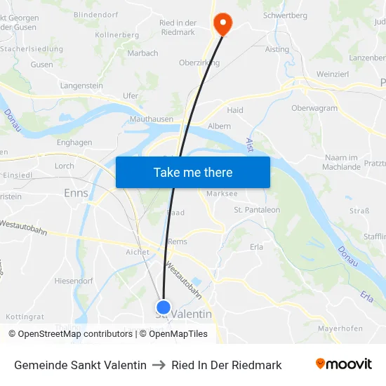 Gemeinde Sankt Valentin to Ried In Der Riedmark map