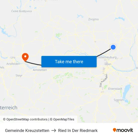 Gemeinde Kreuzstetten to Ried In Der Riedmark map