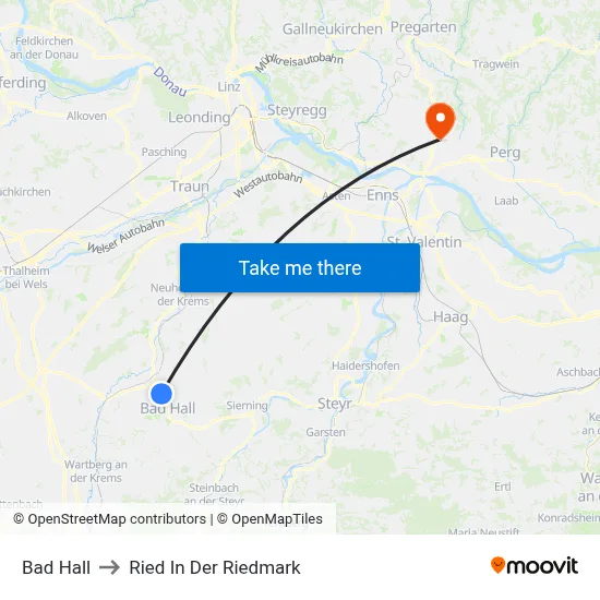 Bad Hall to Ried In Der Riedmark map