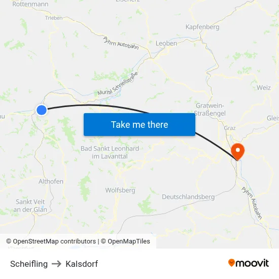 Scheifling to Kalsdorf map
