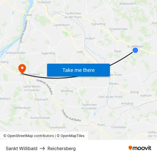 Sankt Willibald to Reichersberg map