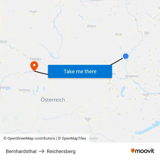 Bernhardsthal to Reichersberg map
