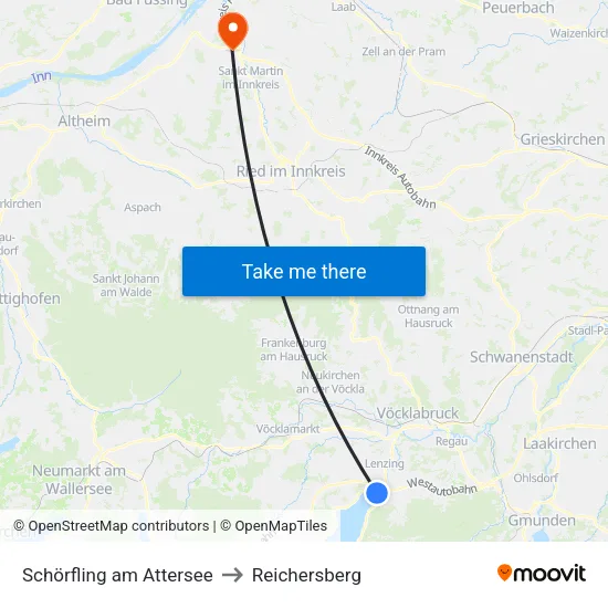Schörfling am Attersee to Reichersberg map