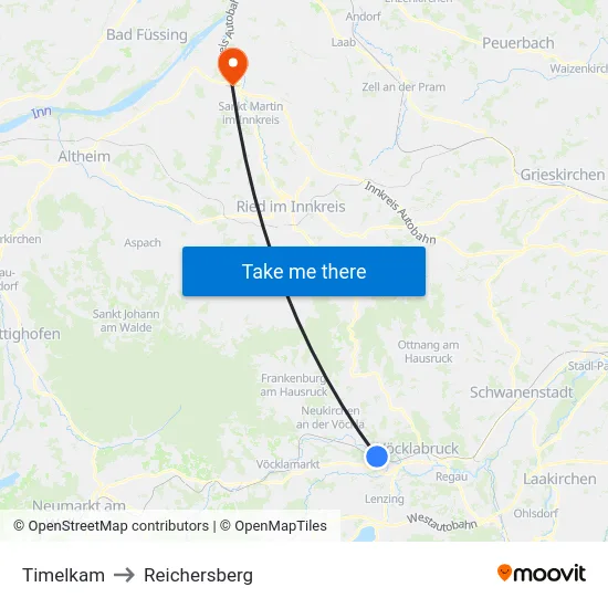 Timelkam to Reichersberg map