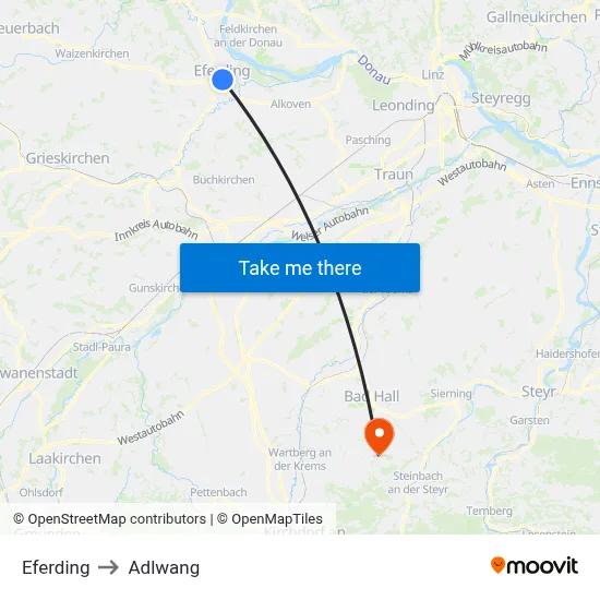 Eferding to Adlwang map