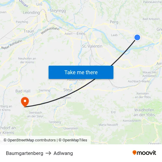 Baumgartenberg to Adlwang map