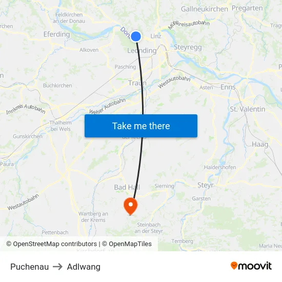 Puchenau to Adlwang map