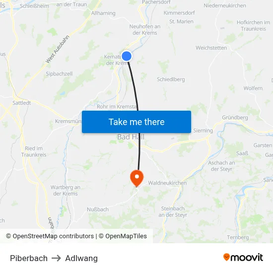 Piberbach to Adlwang map