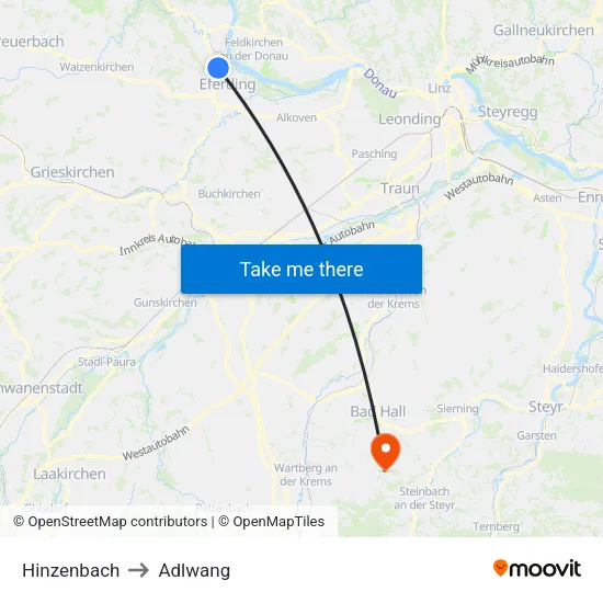 Hinzenbach to Adlwang map