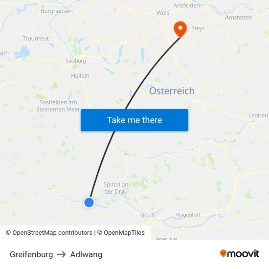 Greifenburg to Adlwang map