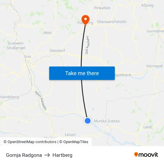 Gornja Radgona to Hartberg map