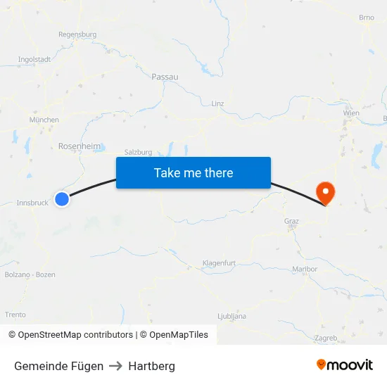 Gemeinde Fügen to Hartberg map