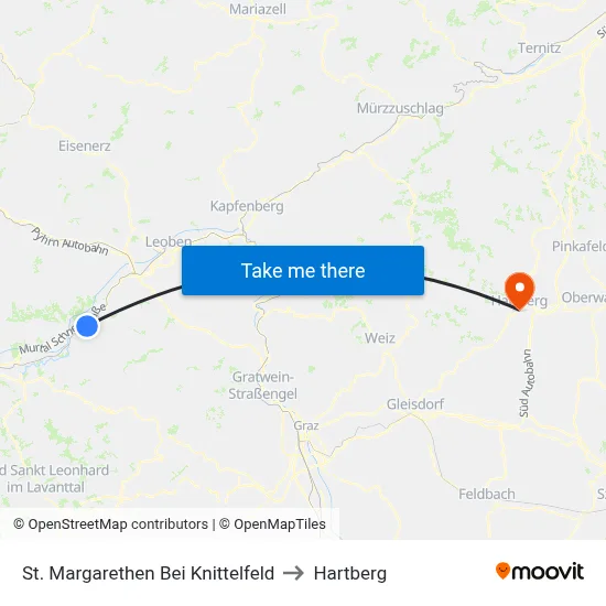 St. Margarethen Bei Knittelfeld to Hartberg map