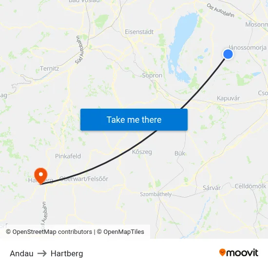 Andau to Hartberg map