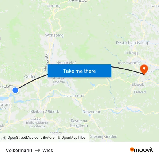 Völkermarkt to Wies map