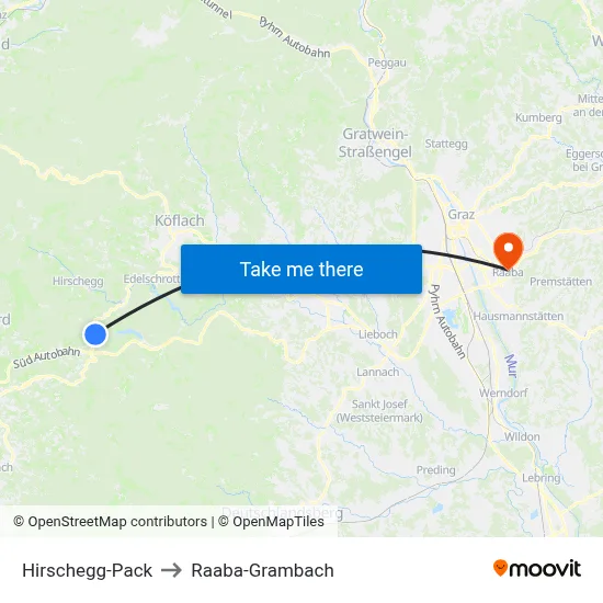 Hirschegg-Pack to Raaba-Grambach map
