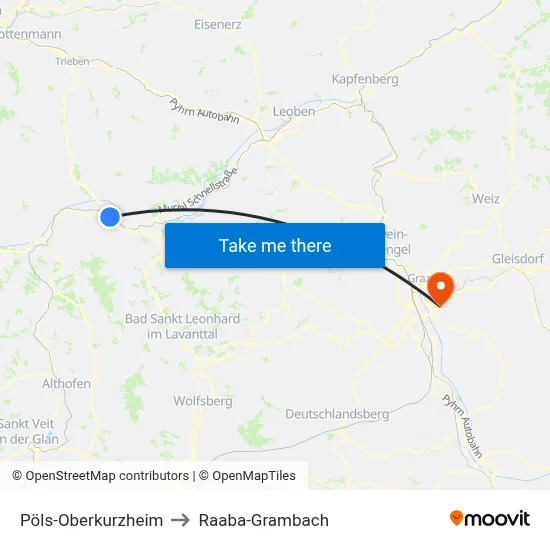 Pöls-Oberkurzheim to Raaba-Grambach map