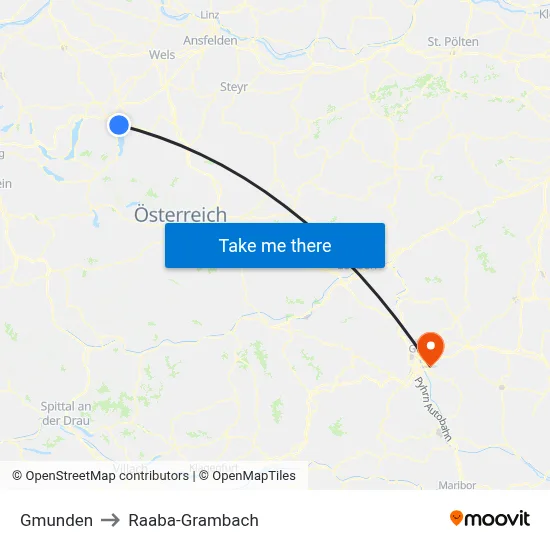 Gmunden to Raaba-Grambach map