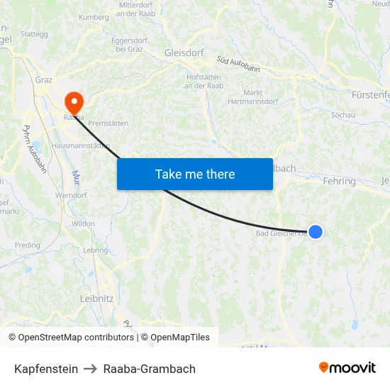 Kapfenstein to Raaba-Grambach map