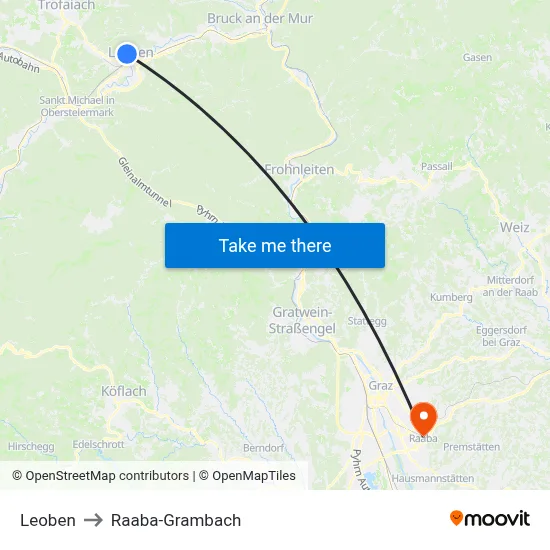 Leoben to Raaba-Grambach map