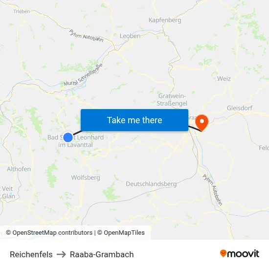 Reichenfels to Raaba-Grambach map