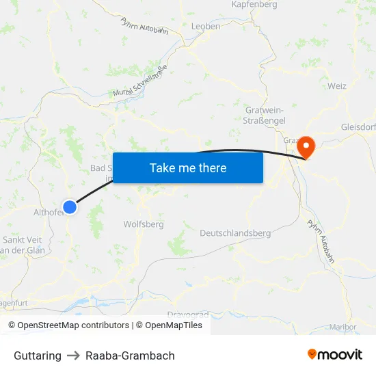 Guttaring to Raaba-Grambach map