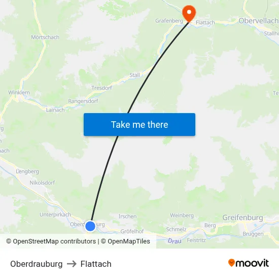 Oberdrauburg to Flattach map