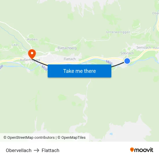 Obervellach to Flattach map