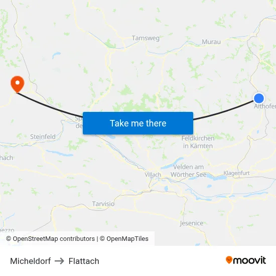 Micheldorf to Flattach map