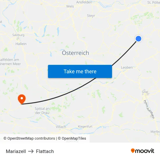 Mariazell to Flattach map