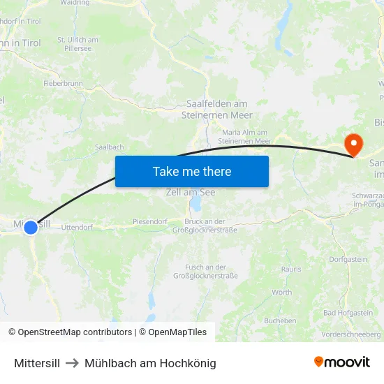 Mittersill to Mühlbach am Hochkönig map