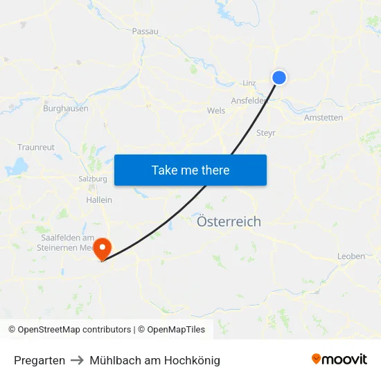 Pregarten to Mühlbach am Hochkönig map