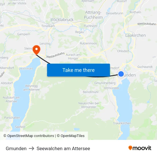 Gmunden to Seewalchen am Attersee map
