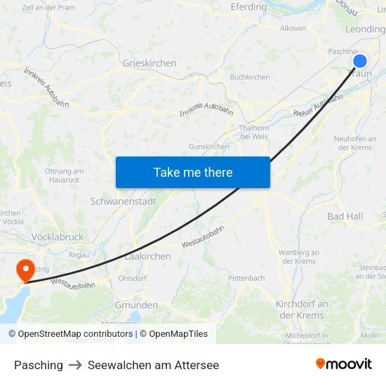 Pasching to Seewalchen am Attersee map