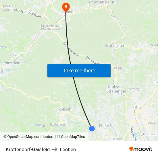 Krottendorf-Gaisfeld to Leoben map